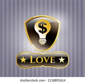  Gold emblem or badge with business idea icon and Love text inside