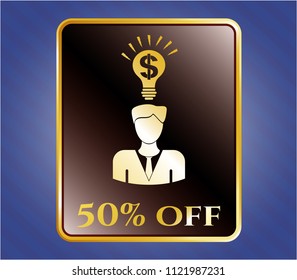  Gold emblem or badge with business idea icon and 50% Off text inside