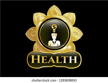  Gold emblem or badge with business idea icon and Health text inside