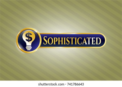 Gold emblem or badge with business idea icon and Sophisticated text inside