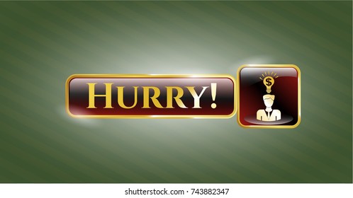  Gold emblem or badge with business idea icon and Hurry! text inside