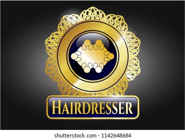  Gold emblem or badge with business meeting teamwork icon and Hairdresser text inside