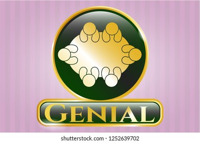  Gold emblem or badge with business meeting teamwork icon and Genial text inside