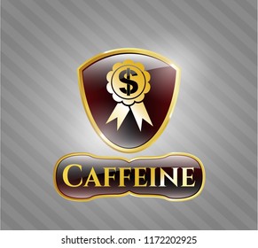  Gold emblem or badge with business ribbon icon and Caffeine text inside