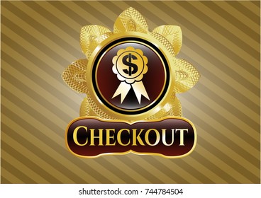  Gold emblem or badge with business ribbon icon and Checkout text inside