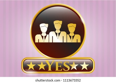  Gold emblem or badge with business teamwork icon and Yes text inside