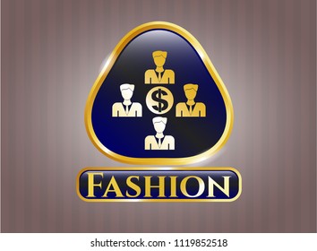  Gold emblem or badge with business teamwork and money icon and Fashion text inside