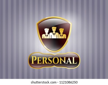  Gold emblem or badge with business teamwork icon and Personal text inside