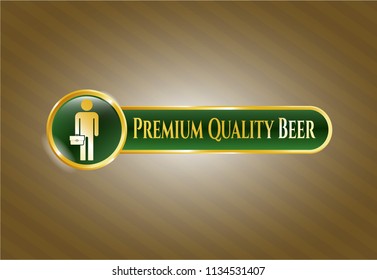  Gold emblem or badge with businessman holding briefcase icon and Premium Quality Beer text inside