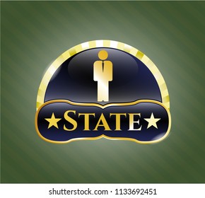  Gold emblem or badge with businessman icon and State text inside