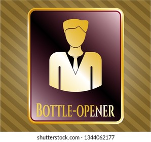  Gold emblem or badge with businessman icon and Bottle-opener text inside