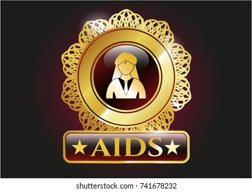 Gold emblem or badge with businesswoman icon and AIDS text inside