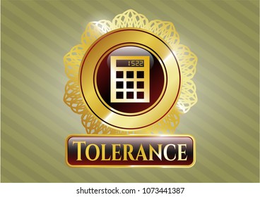  Gold emblem or badge with calculator icon and Tolerance text inside