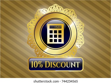  Gold emblem or badge with calculator icon and 10% Discount text inside