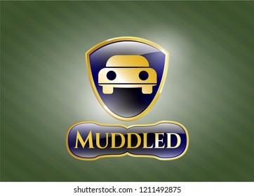  Gold emblem or badge with car seen from front icon and Muddled text inside