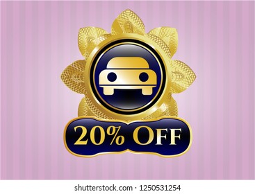  Gold emblem or badge with car seen from front icon and 20% Off text inside