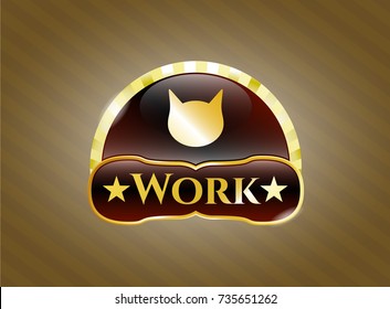  Gold emblem or badge with cat face icon and Work text inside