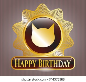  Gold emblem or badge with cat face icon and Happy Birthday text inside