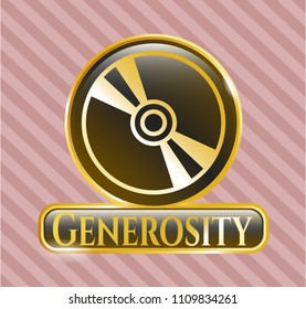 Gold emblem or badge with CD or DVD disc icon and Generosity text inside