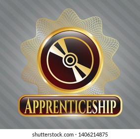  Gold emblem or badge with CD or DVD disc icon and Apprenticeship text inside