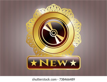  Gold emblem or badge with CD or DVD disc icon and New text inside