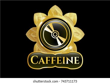  Gold emblem or badge with CD or DVD disc icon and Caffeine text inside