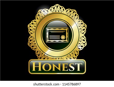  Gold emblem or badge with certificate icon and Honest text inside