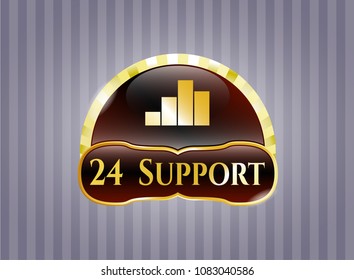   Gold emblem or badge with chart icon and 24 Support text inside