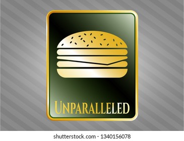  Gold emblem or badge with cheeseburger icon and Unparalleled text inside