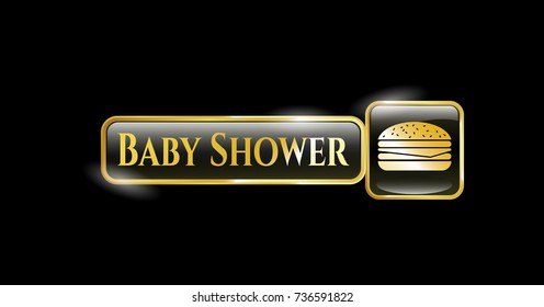  Gold emblem or badge with cheeseburger icon and Baby Shower text inside