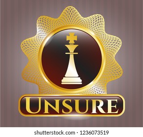  Gold emblem or badge with chess king icon and Unsure text inside
