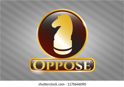  Gold emblem or badge with chess knight icon and Oppose text inside