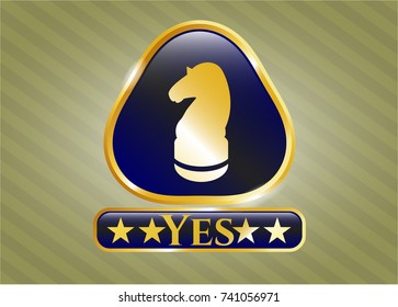  Gold emblem or badge with chess knight icon and Yes text inside