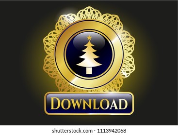   Gold emblem or badge with christmas tree icon and Download text inside