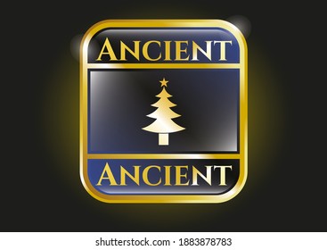 Gold emblem or badge with christmas tree icon and Ancient text inside