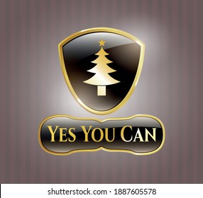 Gold emblem or badge with christmas tree icon and Yes You Can text inside