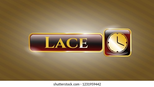  Gold emblem or badge with clock, time icon and Lace text inside