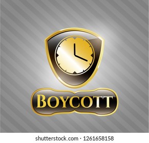  Gold emblem or badge with clock, time icon and Boycott text inside