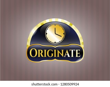  Gold emblem or badge with clock, time icon and Originate text inside