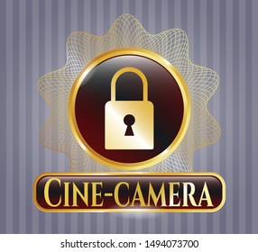  Gold emblem or badge with closed lock icon and Cine-camera text inside