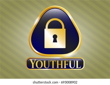  Gold emblem or badge with Closed Lock icon and Youthful text inside