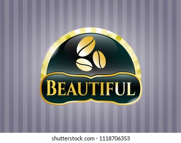  Gold emblem or badge with coffee bean icon and Beautiful text inside