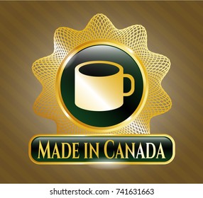  Gold emblem or badge with coffee cup icon and Made in Canada text inside