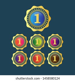 gold emblem or badge with colorful circle and number one inside. suitable for custom design. set of emblem.circle sticker with gradient color.trendy color. modern design.Gold emblem with number 1.