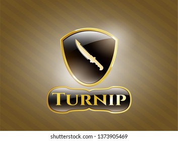 Gold emblem or badge with combat knife icon and Turnip text inside