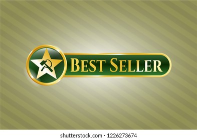  Gold emblem or badge with communism icon and Best Seller text inside