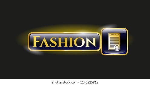  Gold emblem or badge with contract icon and Fashion text inside