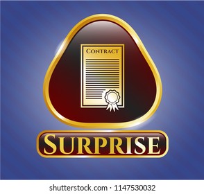  Gold emblem or badge with contract icon and Surprise text inside