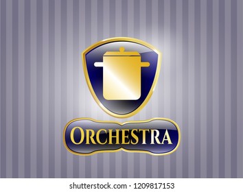  Gold emblem or badge with cooking pot icon and Orchestra text inside