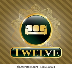  Gold emblem or badge with couch icon and Twelve text inside
